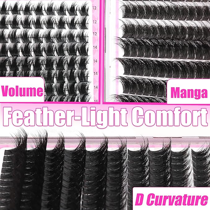 YIDUO Spikes Lash Clusters Kit 406Pcs Volume Manga Cluster Eyelash Extensions Kit 10-18mm Wispy Lashes Clusters wide band Anime Individual Lash Cluster with Lash Glue Easy to Use for Beginners