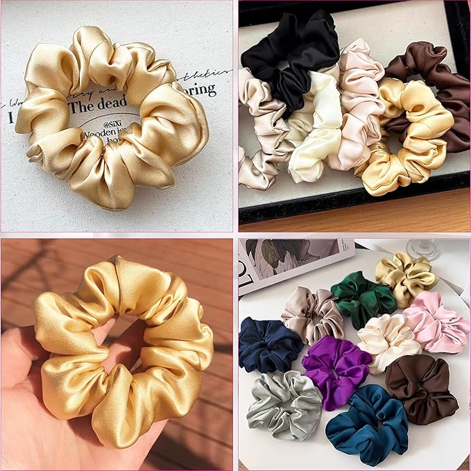 100% Pure Mulberry Silk Hair Scrunchies for Women & Girls, Light Gold, 16 Momme Silk for Curly, Thick or Thin Hair