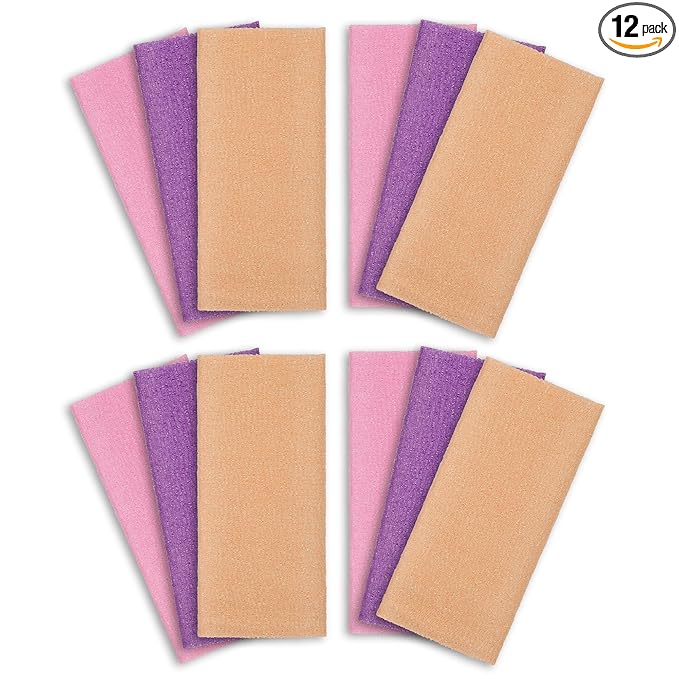 ARCH&M Exfoliating Washcloth 12 Pack Back Scrubber for Shower Towel Body Scrubber Microabrasion Sponge Japanese Bath Wash Korean Beauty Wash Cloth Loofah Exfoliating Scrubber Peach Purple Pink