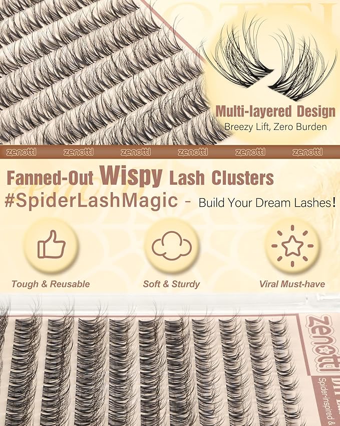 Spider Lashes Cluster Kit Natural Breeze Lash Clusters Wispy Eyelash Clusters Kit Venus Cluster Eyelash Extension Fluffy Individual Lashes D Curly 8-16mm Lash Extensions with Invisible Band by zenotti