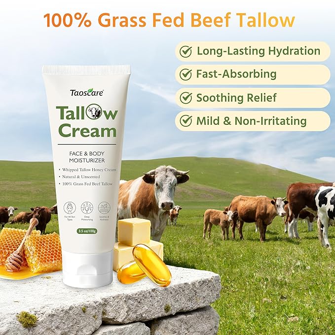 Beef Tallow for Skin, 100% Grass-Fed Whipped Tallow Balm Tube Organic Moisturizer for Face & Body Deep Hydration for Dry & Sensitive Skin Natural Tallow Cream