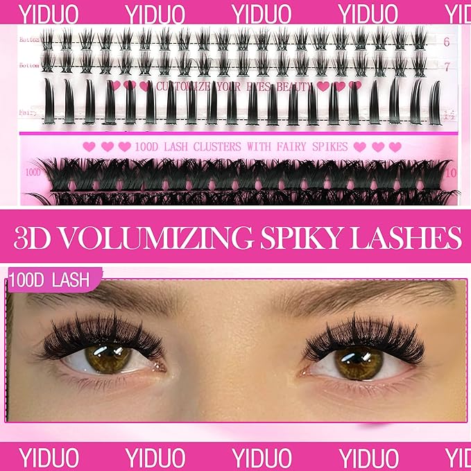 YIDUO Lashes Clusters Kit Bottom Lashes with Spikes 100D Cluster Eyelash Extensions Kit 10-120mm Volume Manga DIY Individual Strips Lashes Thick with Lash Bond and Seal Tweezers Remover