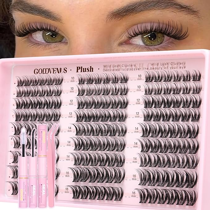Goddvenus Spider Lash Clusters Kit, Natural Wispy Cluster Eyelash Extensions, Fluffy DIY Lash Extension at Home for Natural Look, D Curl Individual Lashes Kit with Waterproof Bond and Seal
