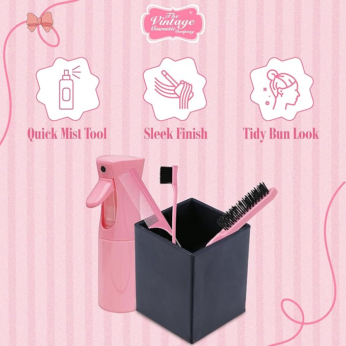 The Vintage Cosmetic Company Slick Bun Hair Misting Set for Women and Girls, Refillable Spray Bottle & Comb for Effortless Hair Styling and Refresh