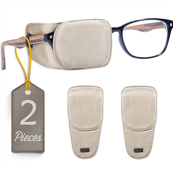 Astropic 2Pcs Silk Eye Patches for Adults Kids Glasses to Cover Either Eye (Medium, Khaki)