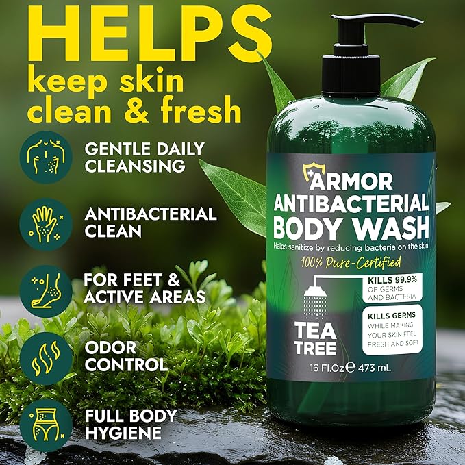 Antibacterial Body Wash with Tea Tree Oil | Antibacterial Soap for Men & Women | Kills 99.9% of Germs & Bacteria | Helps with Back Acne, Body Odor & Skin Irritation | Daily Body Cleanser 16 fl oz