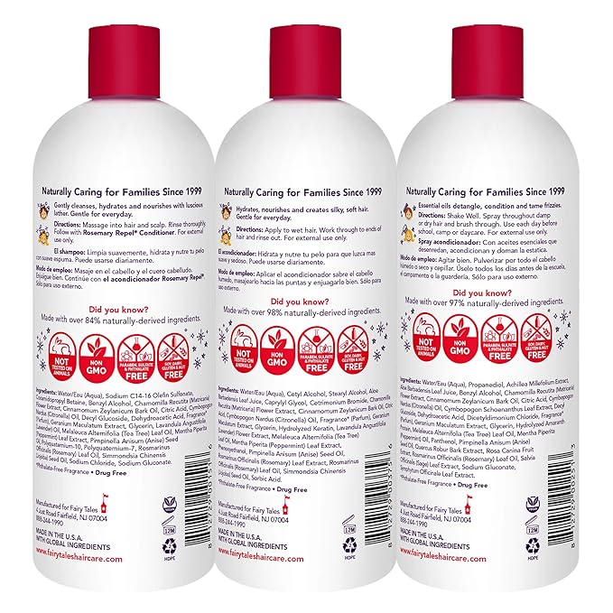 Fairy Tales Rosemary Repel Daily Kids Shampoo, Conditioner & Conditioning Spray Refill Trio– Kids Like the Smell, Lice Do Not