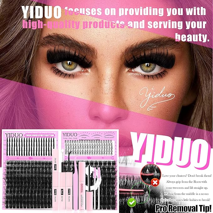 YIDUO Lash Clusters Kit 3D Volume 200D+300D+Spikes+Bottom Cluster Lashes Extensions Kit with Lash Bond and Seal |Tweezers |Removers |Eyebrow Brush (200D+300D-10-18MIX 3D Thick Kit)