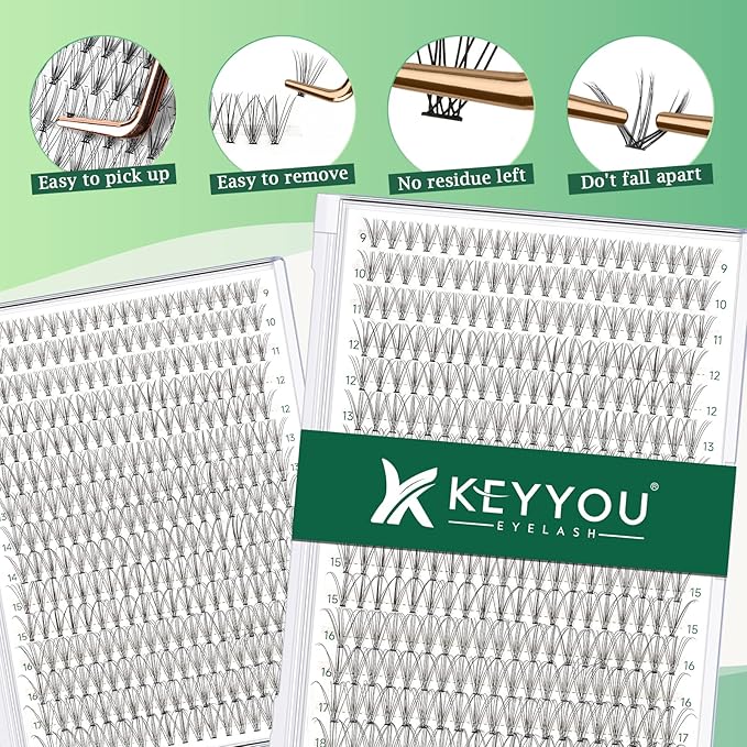 KEYYOU Lash Clusters 300pcs Individual Lashes, 10D 0.1D Curl 9-18MIX DIY Eyelash Extension, Soft & Natural Volume Cluster Lashes with Large Tray