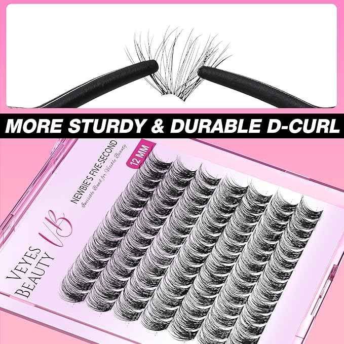 VEYESBEAUTY Lash Clusters Individual Eyelash Extensions Thin & Invisible Band DIY False Eyelashes for Self-application Newbie's Five-Second Series Wispy Lash Tray, Dreamy 12mm Single Length