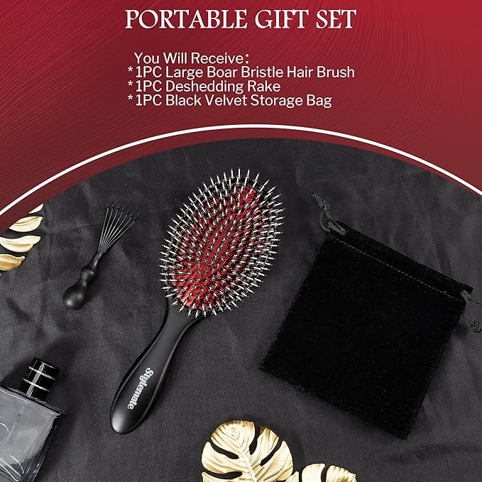 STYLEMATE Boar Bristle Hair Brush for Women Men, Stiff Nylon Pins and Natural Soft Boar Bristles for Thick & Fine Hair, Large Paddle Smoothing Hairbrush for Detangling, Defining, Shine