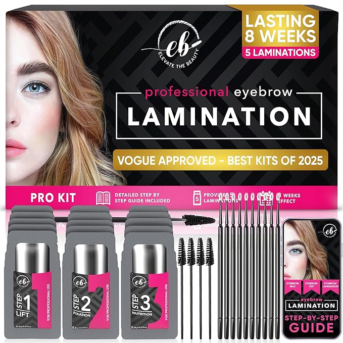 Elevate the Beauty Professional Brow Lamination Kit | Eyebrow Lamination Kit for Professional or DIY Use | 5 Laminations with Individual Sachets | Training Ebook & Brushes Included