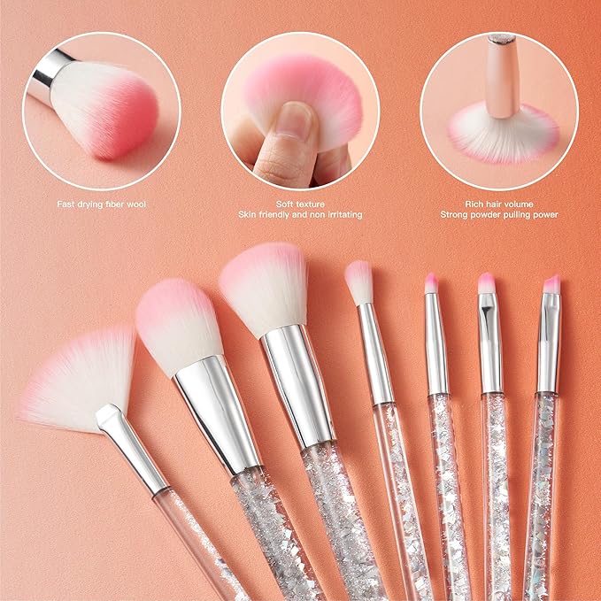 Travel Makeup Brush Set for Girls,Grey White Transparent Unique Liquid Flows Handle with Fan Lip Eye Shadow Blender Eyebrow Brush Sets for Kids Girls Lady Gift Present