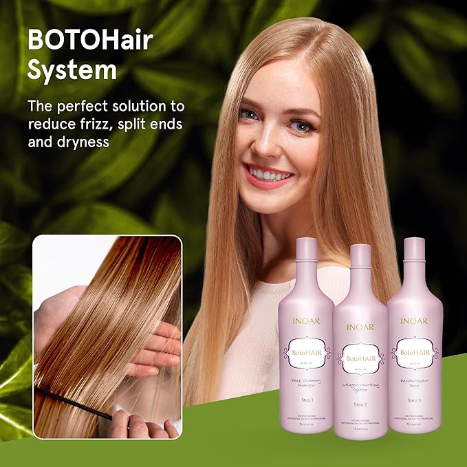 Inoar BotoHair Collagen Smoothing System with Keratin, Deep Cleansing Shampoo, Collagen Smoothing System & Reconstructor Balm, 33.8 fl oz Each