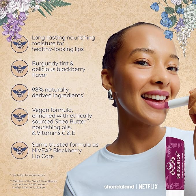 NIVEA Lip Care, Bridgerton Limited Edition Lip Balms with Shea Butter, Blackberry Pie, Peach Tea, Rose Meringue, Vanilla Biscuit, Mothers Day Gifts, Four 0.17 Oz Sticks