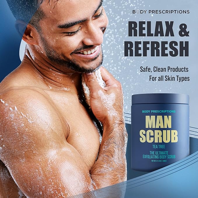 Body Prescriptions Men’s Exfoliating Body Scrub – Ultimate Skin Cleansing Wash in Jar with Twist-Top Lid, For All Skin Types, 21 Ounce (Pack of 4), Tea Tree