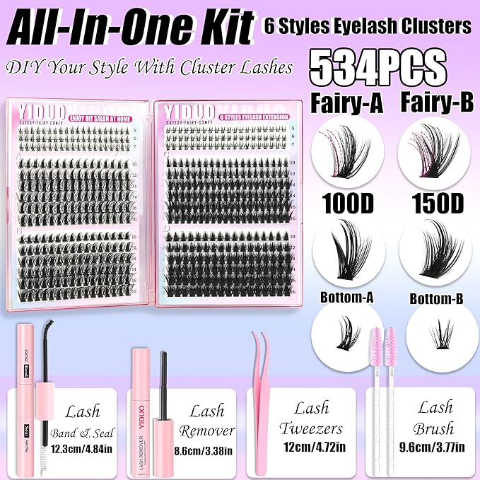 YIDUO Manga Lash Clusters Kit 534Pcs Wispy Fairy Volume Cluster Eyelash Extensions Kit Manga+100D+150D Spikes+Bottom D-curly Lashes Clusters Anime Cosplay Individual Lash Clusters Kit with Lash Glue