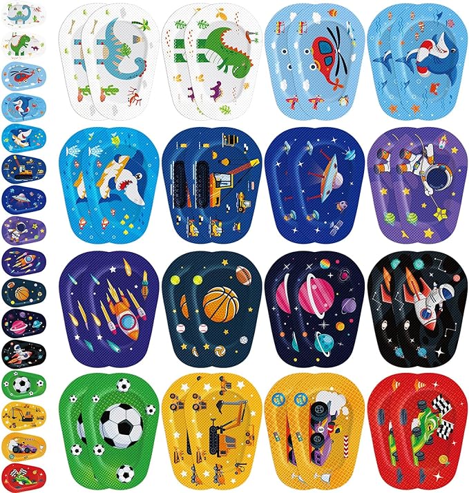 Panitay Adhesive Eye Patches for Boys, 16 Styles Light Blocking Cute Designs Cotton Adhesive Bandages for Kids Girls Toddler(48 Pcs)