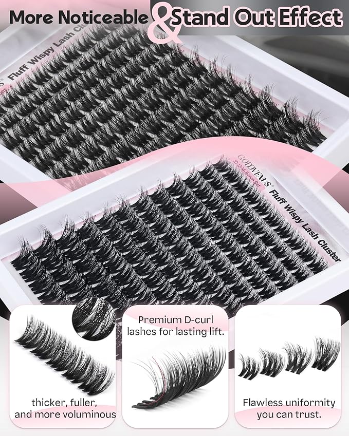Goddvenus D Curl Fluffy Lash Clusters Kit – 144 PCS Thick Eyelashes Clusters, 10-18mm Wispy Lash Extension Natural Look, Waterproof Cluster Eyelash Extensions Kit for DIY False Eyelashes at Home