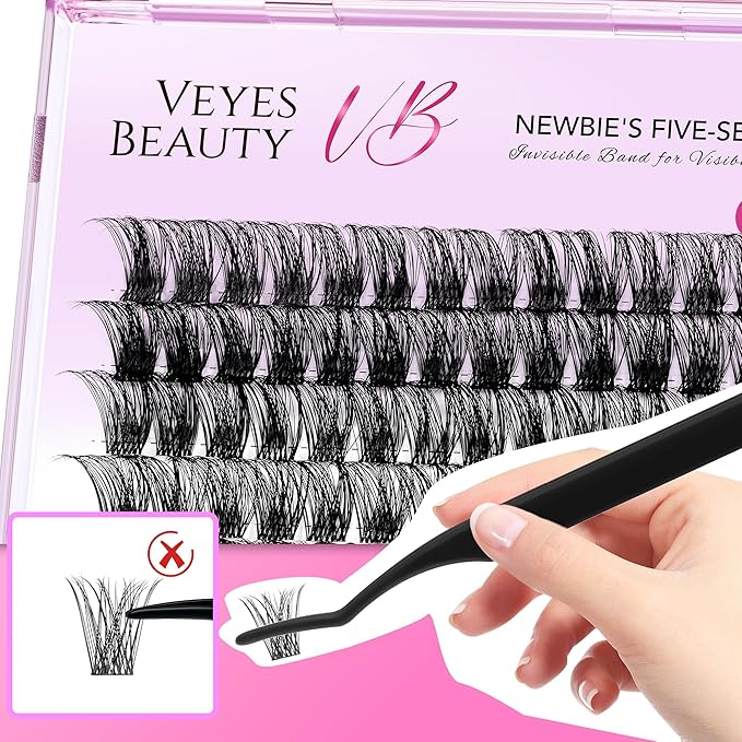 VEYESBEAUTY Lash Clusters Individual Eyelash Extensions Thin & Invisible Band DIY False Eyelashes for Self-application Newbie's Five-Second Series Wispy Lash Tray, Boldeye 14mm Single Length