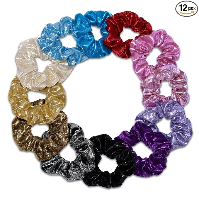 12 Pcs Scrunchies for Women, Satin Hair Scrunchie Bulk, Shiny Metallic Elastic Hair Bands, Glitter Ropes Hair Accessories for Gym Dance Party Club(Sparkly Metallic)