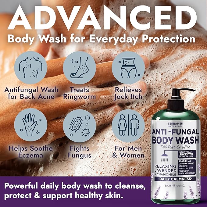 Antifungal Body Wash with Lavender Essential Oil |1% Tolnaftate Chamomile Soap for Ringworm, Jock Itch & Athlete’s Foot | Medicated Body Wash with Calming Effect | Includes Scrubber 16 Fl oz