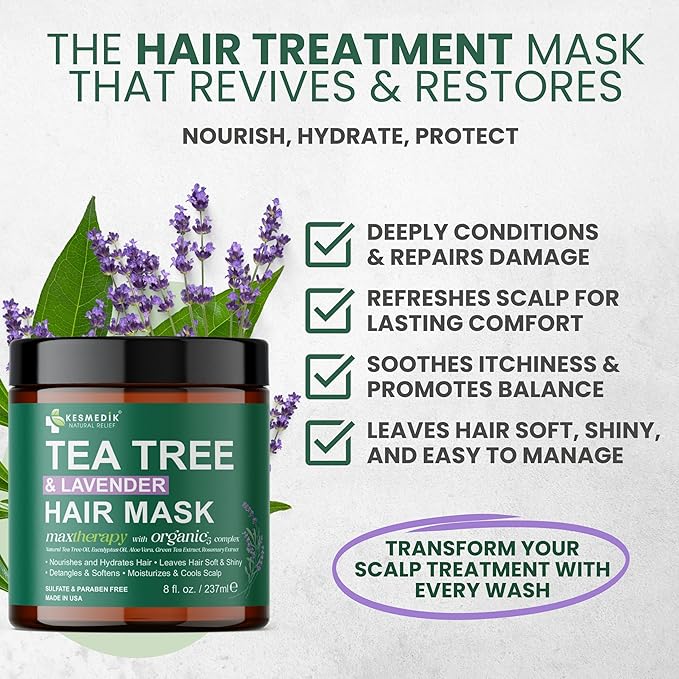 KESMEDIK Tea Tree Hair Mask with Rosemary & Lavender, Deep Conditioning Treatment for Dry, Damaged, Coarse Hair, Hydrating Hair Mask with Itchy Scalp Relief, Men & Women, Sulfate-Free
