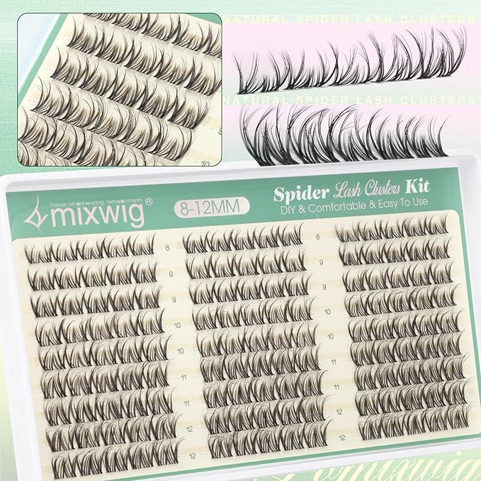 Spider Lash Clusters Kit 8-12MM Short Lash Extension Kit Breeze Wispy Eyelash Clusters Natural Clusters Eyelash Extensions CC Curly Invisible Band Individual Lashes for Clean Girl Makeup by Lvmixwig