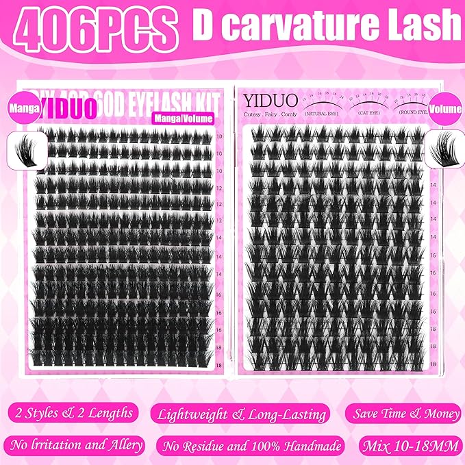 YIDUO Spikes Lash Clusters Kit 406Pcs Volume Manga Cluster Eyelash Extensions Kit 10-18mm Wispy Lashes Clusters wide band Anime Individual Lash Cluster with Lash Glue Easy to Use for Beginners