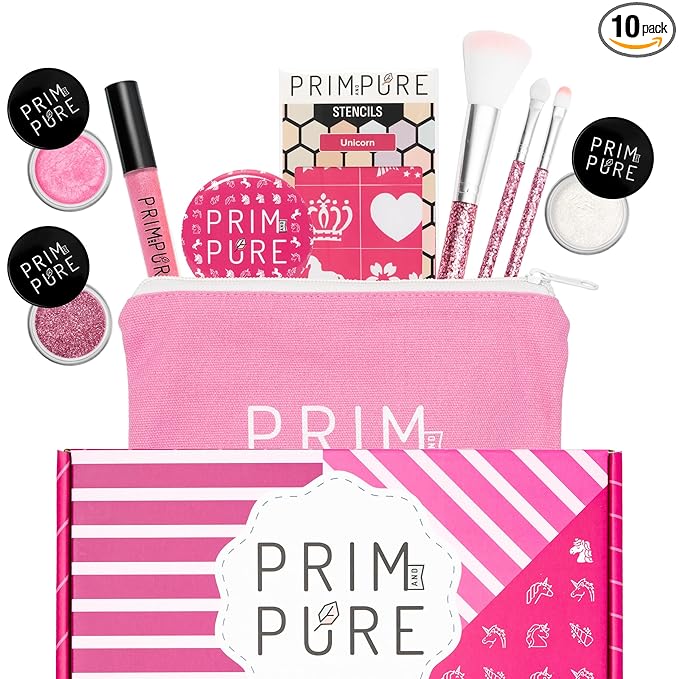 Prim and Pure Kids Makeup Gift Set - Stencil, Makeup Eyeshadow Bioglitter Lip Gloss and Cosmetic Bag Mirror Makeup Brush Accessories (Unicorn Pink)