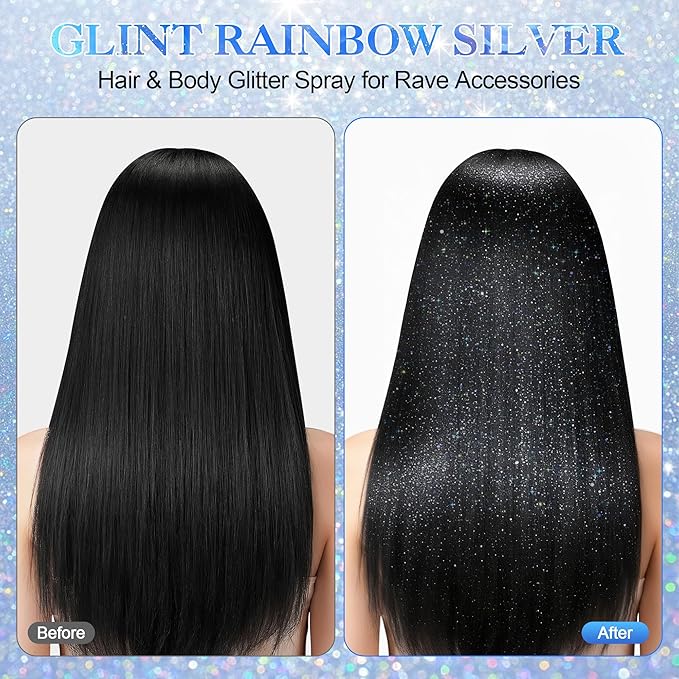 Face and Body Glitter Spray, Glint Rainbow Holographic Glitter Hairspray Shimmer Makeup for Women, Quick Drying Long-Lasting Glitter Spray for Rave Accessories, 4.05 fl oz
