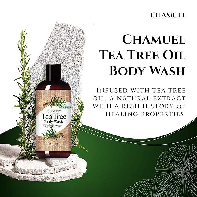Chamuel Tea Tree Antibacterial Body Wash with Peppermint & Eucalyptus Oil - Natural Daily Shower Gel for Itchy Skin, Body Odor & Foot Care for Men & Women, Non-GMO (11.8oz)