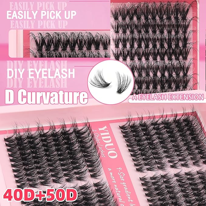 YIDUO Lash Clusters Kit 40D+50D+80D+100D Volume Left&Right Cat Eye Cluster Eyelash Extensions Kit 560pcs 10-20mm Wispy Individual Eyelash Extension with Lash Bond and Seal Removers Tweezers