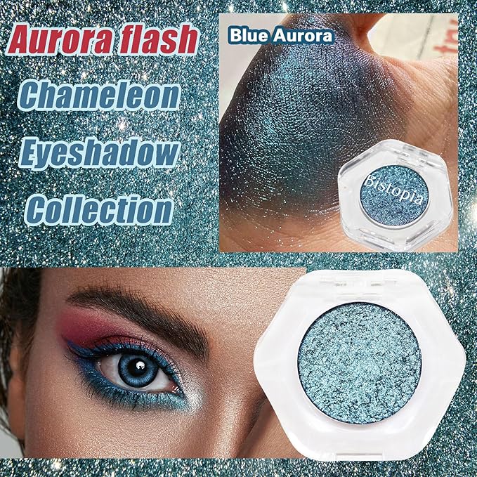 Chameleon Eyeshadow Collection, 14 Shades, Glitter Pressed Powder, Iridescent Shimmer Colors. (Blue Aurora)