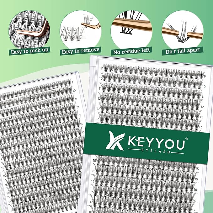 KEYYOU Lash Clusters 300pcs Individual Lashes, 20D 0.07C Curl 9-18MIX DIY Eyelash Extension, Soft & Natural Volume Cluster Lashes with Large Tray