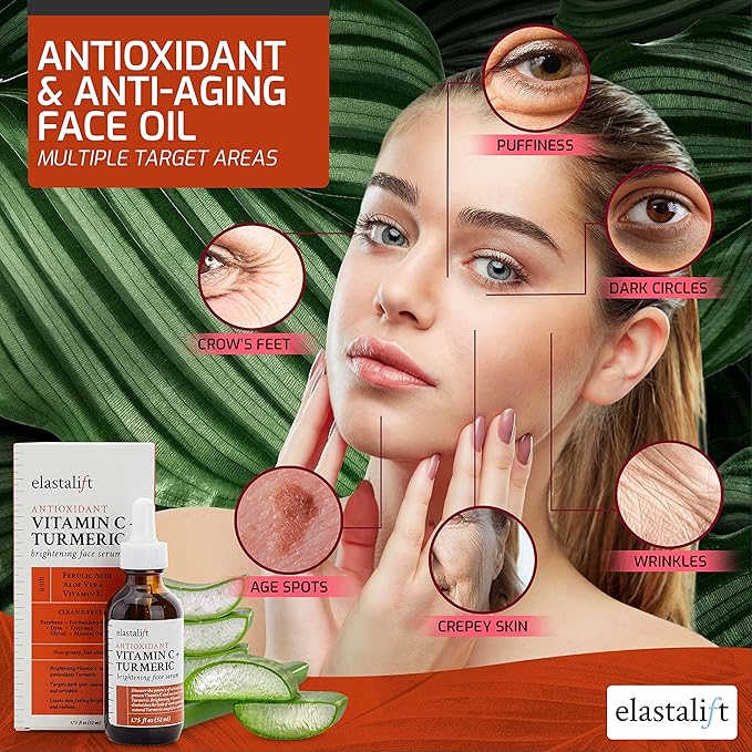 Elastalift Concentrated Vitamin C + Turmeric Oil Anti Aging Facial Serum Skin Care Booster - Promote Clear & Brighten Skin Tone - Hydrate Dry Skin, Fight Redness, Restore Skin Strength - 1.75 Fl Oz