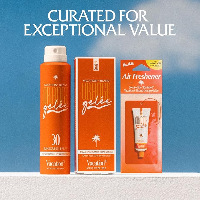 Vacation Orange Gelée SPF 30 Ultimate Bundle — Gel Tube Sunscreen, Spray Oil Sunscreen & Hanging Car Air Freshener, Hydrating Broad Spectrum UVA/UVB Protection, French Riviera Scent, Travel-Ready