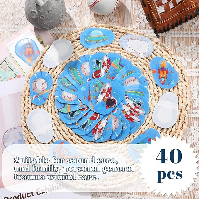 Panitay 40 Pcs Kids Eye Patches for Boys Toddlers Adhesive Patches Bulk with Lazy Eye Breathable Fabric Pad Light Blocking Cute Designs Cotton Adhesive Bandages for Boys Children