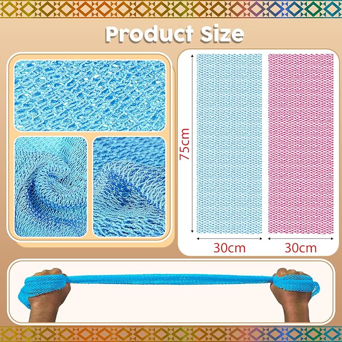 African Net Bath Sponge, Premium Body Exfoliator, Rose Red Blue, Nylon, 2 Pack, Gentle Scrub for Dry Sensitive Skin