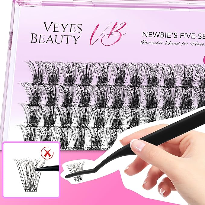 VEYESBEAUTY Lash Clusters Individual Eyelash Extensions Thin & Invisible Band DIY False Eyelashes for Self-application Newbie's Five-Second Series Wispy Lash Tray, Bomb 14mm Single Length