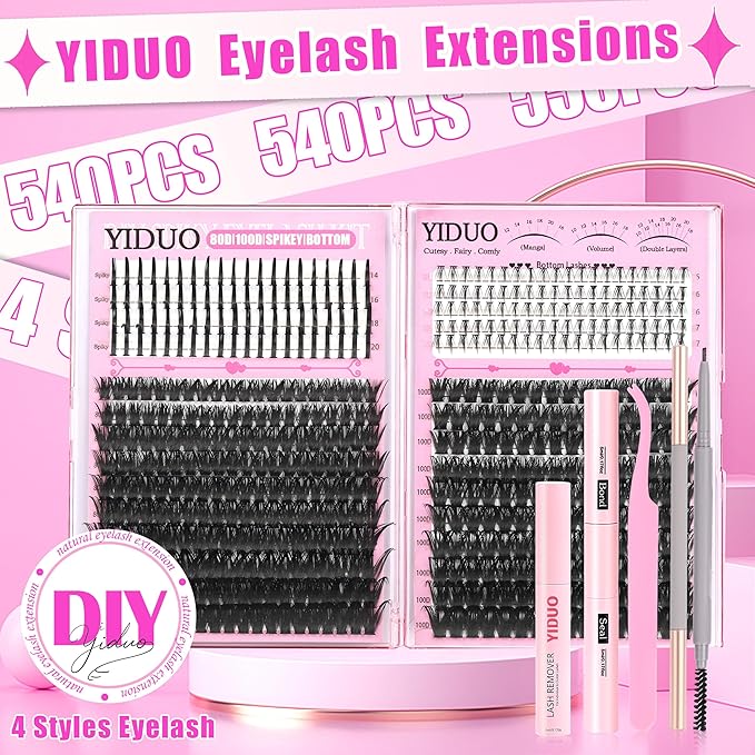 YIDUO 540Pcs Lashes Clusters Kit with Spikes+Bottom Eyelash 80D&100D Volume Clusters Lash Extension 10-18mm Wispy D Curvature Individual False Eyelashes Kit with Lash Bond and Seal, Dual Brow Pencil