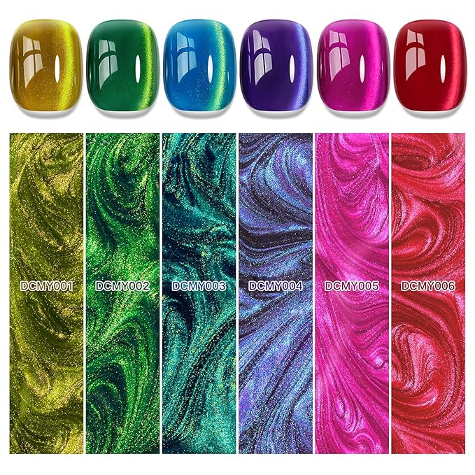 MIZHSE Cat Eye Gel Nail Polish Set, 6 Colors Colorful Magnetic Gel Nail Polish with Magnet Stick, Neon Colors Pink Green Yellow Red Cateye Polish Soak Off Nail Art Manicure Home