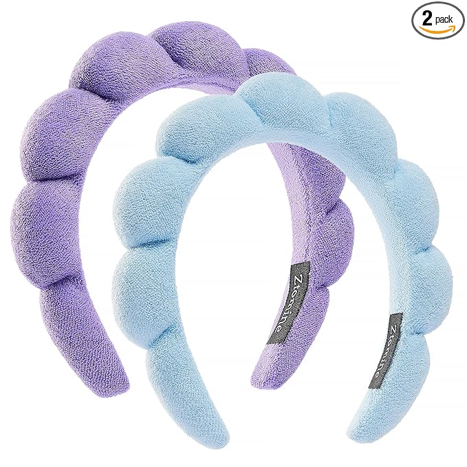 Ztomine Hairband, Set of 2 - Thick Absorbent Terry Cloth Spa Headbands in Blue and Light Purple for Washing Face or Facial, Puffy Makeup Headbands for Face Washing, Mask Combo Pack