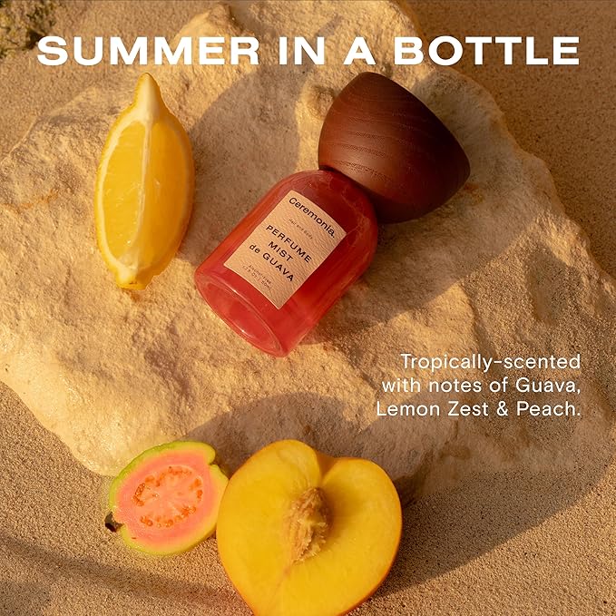 Ceremonia Perfume Mist De Guava | Alcohol-Free Hair & Body Mist with Notes of Guava, Lemon Zest & Peach | Light Glowy Shimmer, 0.33 fl oz