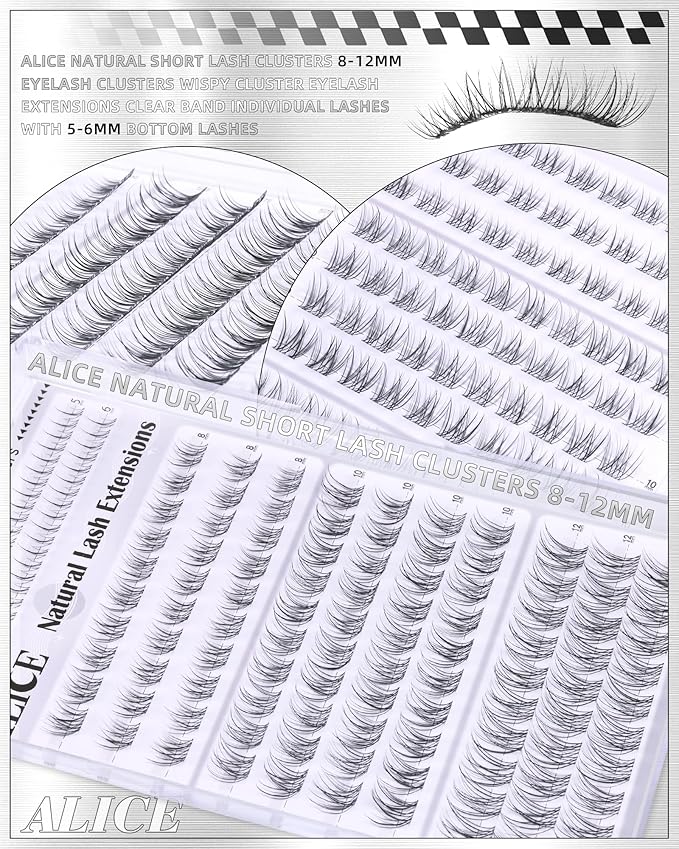ALICE Eyelash Clusters Natural Short Lash Clusters 8-12mm Wispy Cluster Eyelash Extensions Clear Band Individual Lashes with 5-6mm Bottom Lashes