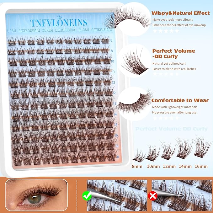 Brown Lash Clusters Natural Eyelash Clusters Fluff Individual Lashes Wispy Cluster Eyelash Extensions 8-16MM Lash Extensions Matte Brown Lashes Clusters Soft Eye Lashes Pack by TNFVLONEINS