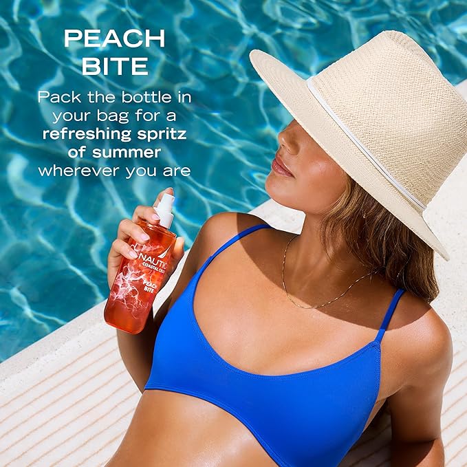 Nautica Peach Bite, a Refreshing Gourmand Hair & Body Mist for Women, Notes of Peach Iced Tea, Peony, and Blond Woods Accord, Long Lasting, 8.0 fl oz
