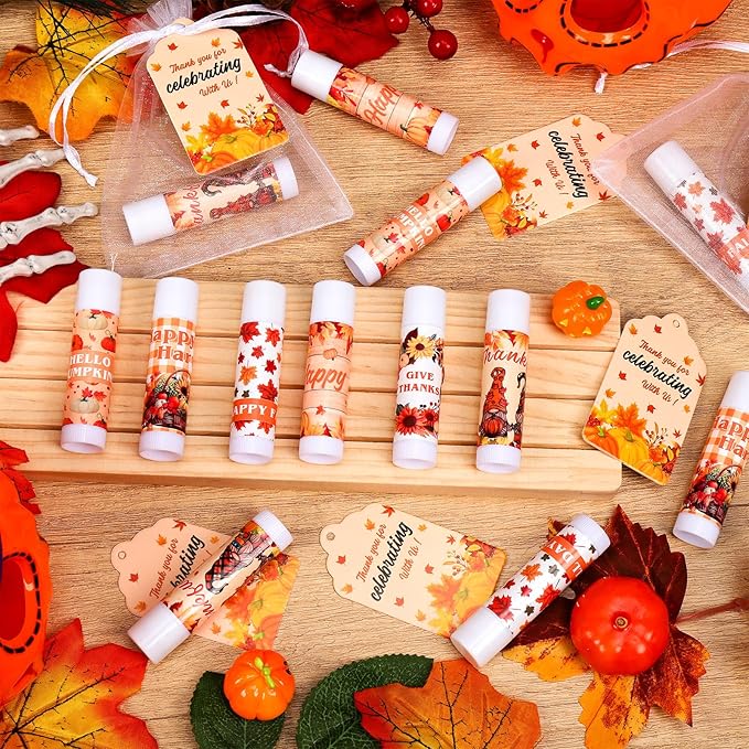 50 Set Fall Gifts Lip Balms Bulk Fall Party Favors 6 Assorted Flavors with 50 Organza Bags and Cards Autumn Pumpkin Maple Leaf Chapstick Thanksgiving Gifts for Women Men Coworkers Guest
