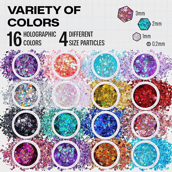 Body Glitter Set for Face & Hair – 16 Colors Chunky Holographic Festival Glitter Makeup with Glue – Rave, Concert, Euphoria Looks, Cosmetic Grade Glitter
