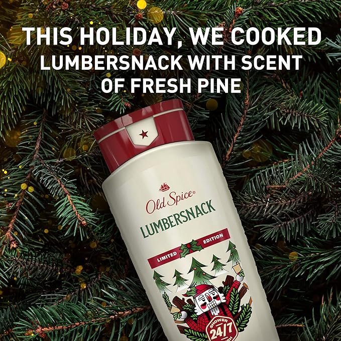 Old Spice Body Wash for Men, Holidudes Holiday Edition, 24/7 Holiday Freshness, Lasting Scent and Rich Lather, Stocking Stuffer, Lumbersnack with Fresh Pine Scent, 16 oz (Pack of 4)
